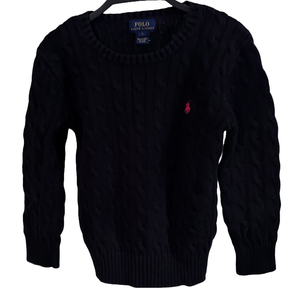 Polo Ralph Lauren BLACK CABLE Knit Crew-Neck Sweater Boy's 7 RED PONY